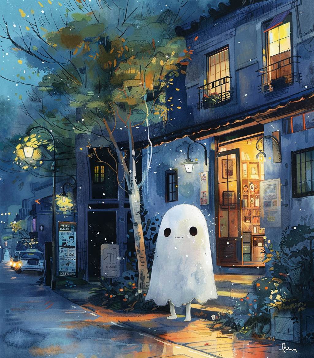 Cute Ghost Watercolor City