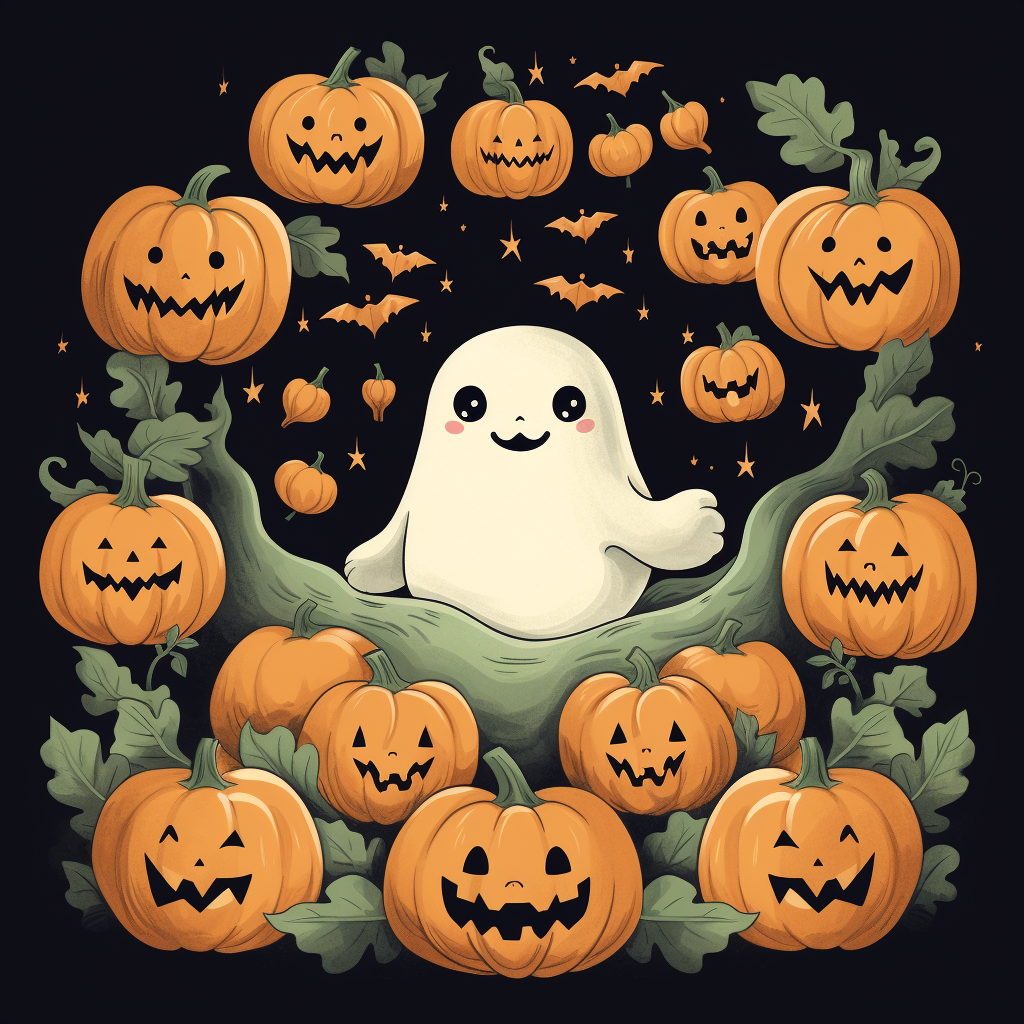 cute ghost surrounded by bats and pumpkins