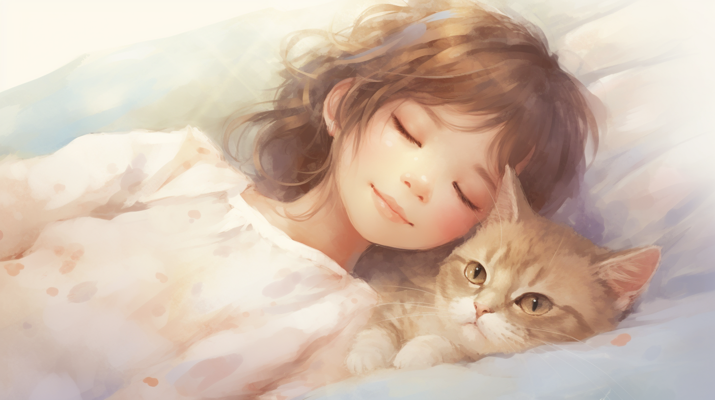 Cute girl angel sleeping with cat in heaven