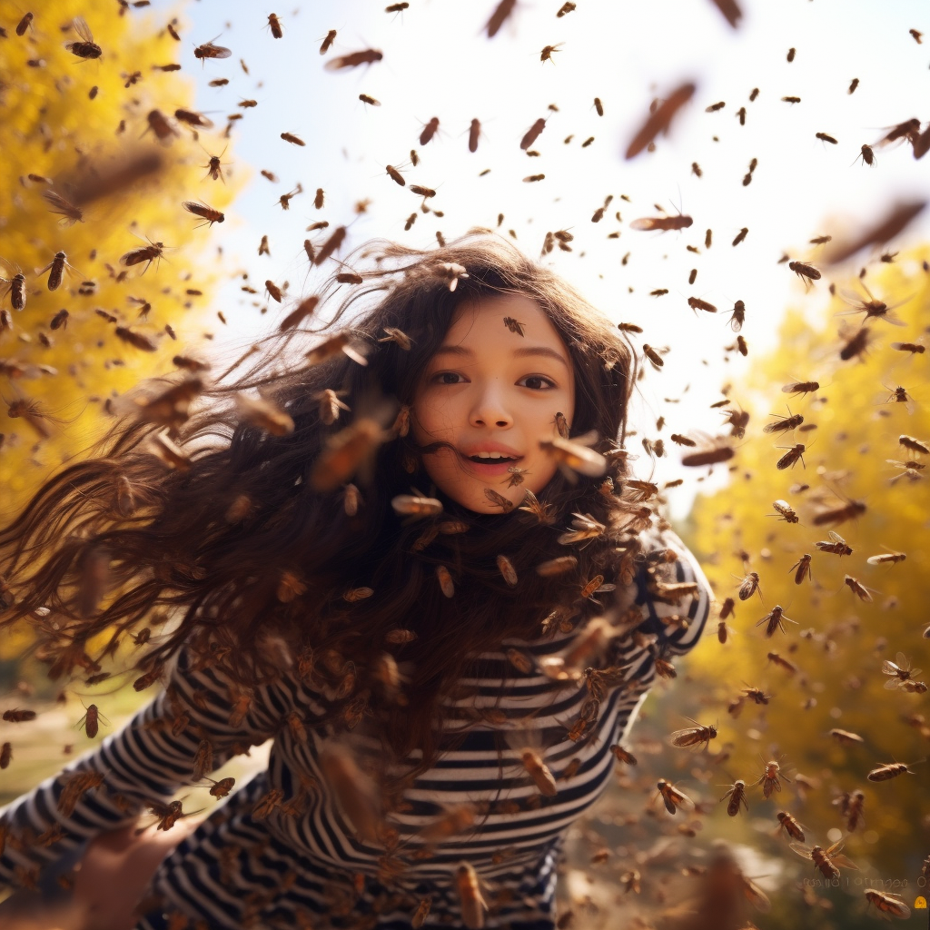 Cute girl surrounded by buzzing bees