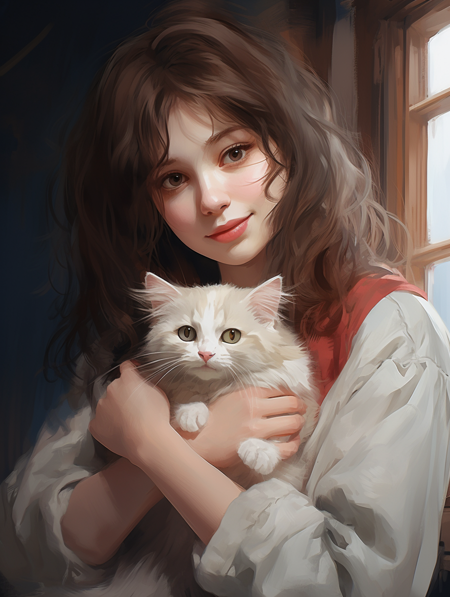 A girl gently holds her pet cat, Coldlight