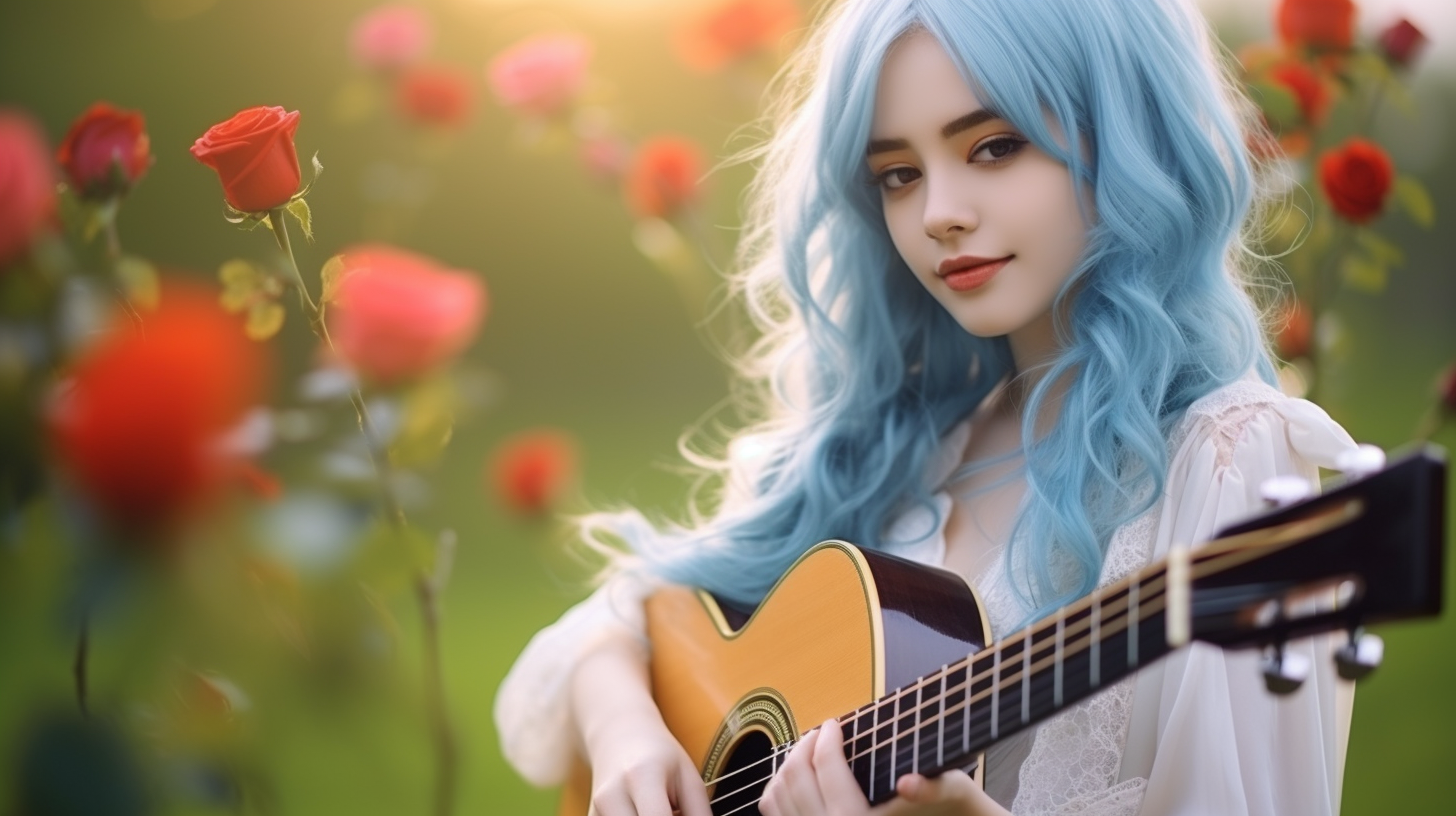 Gentle girl playing guitar with light blue hair