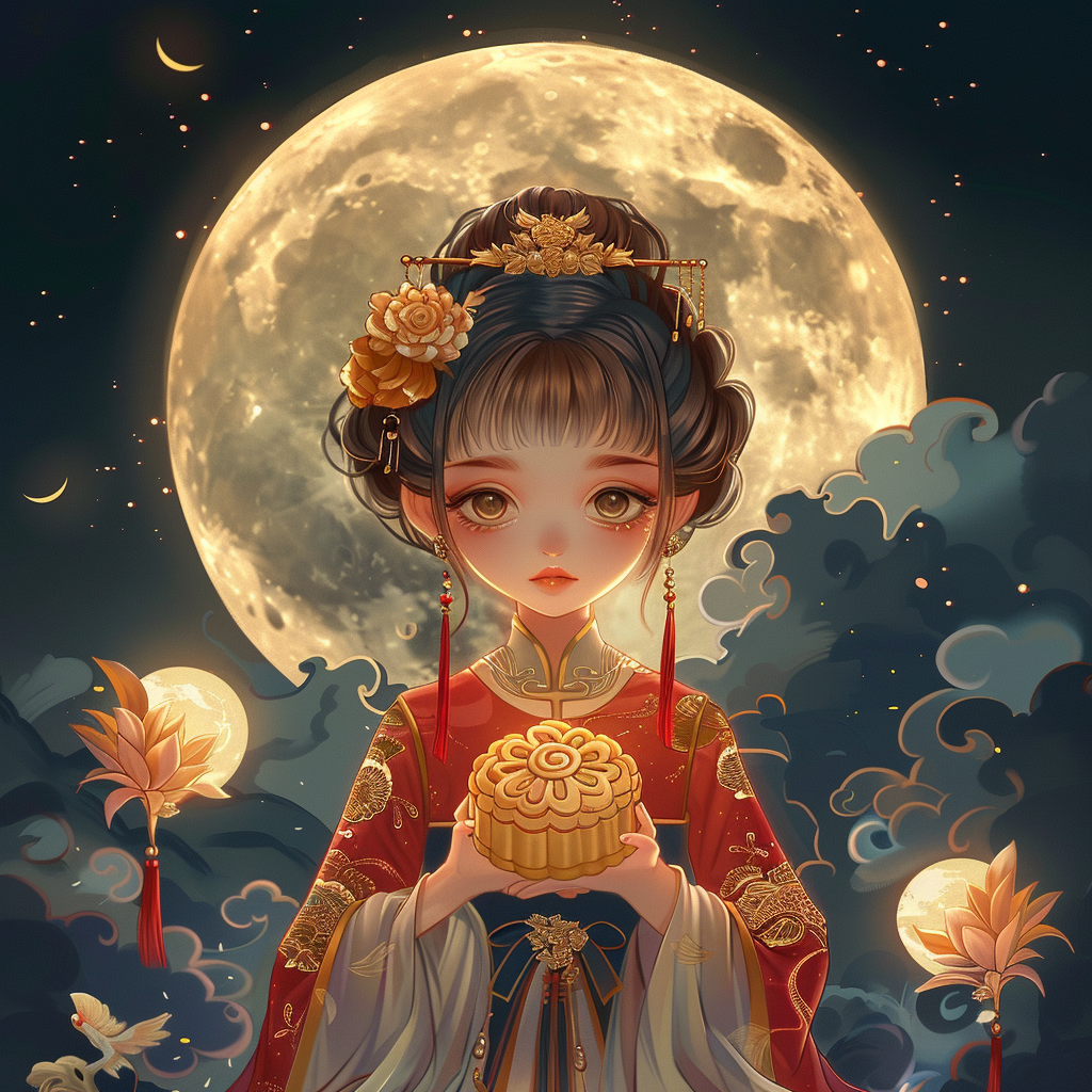 Cartoon girl holding moon cake