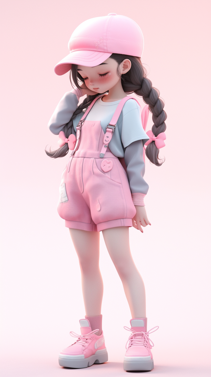 Adorable girl in pink and blue overalls