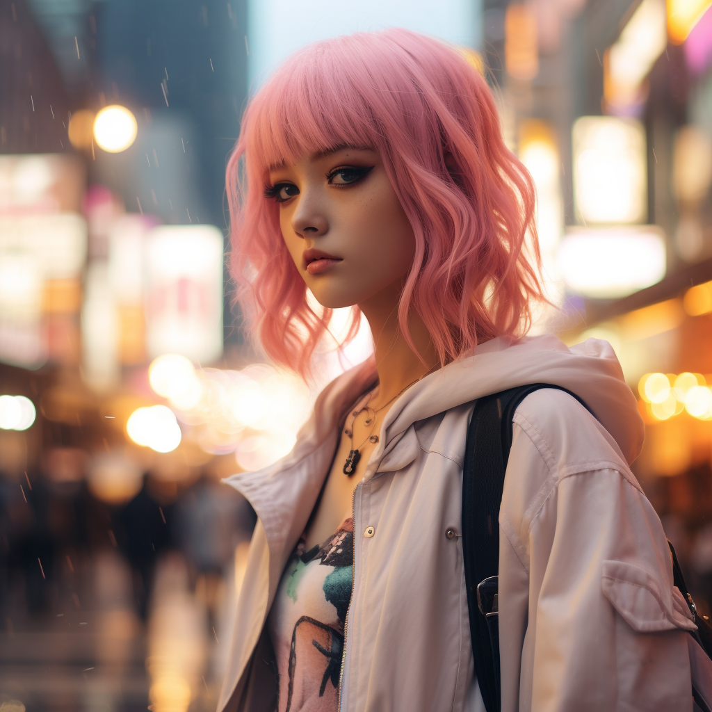 Cute girl with pink hair standing in Kyoto