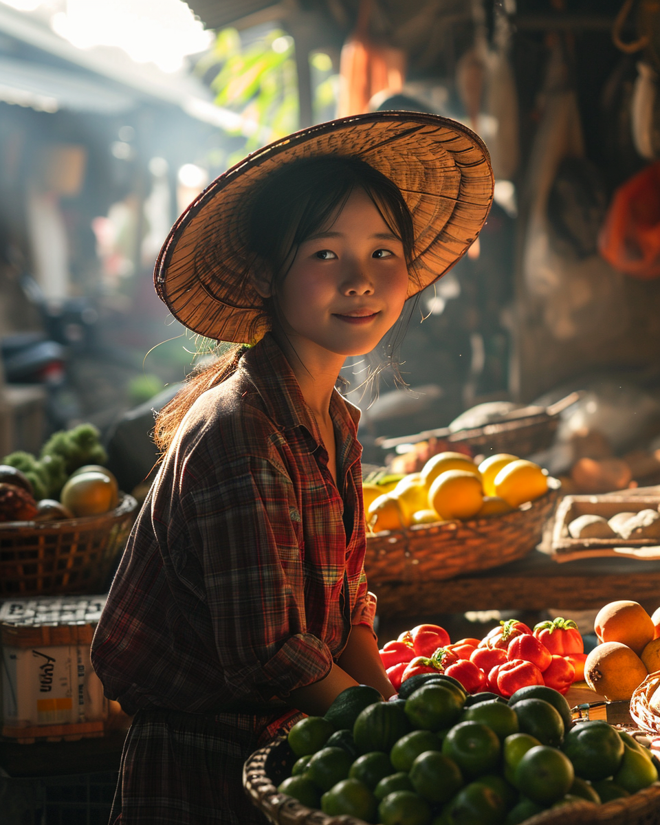 Cute girl selling fresh fruits