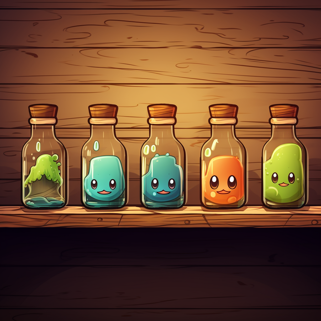 Cute glass bottles on wooden shelf