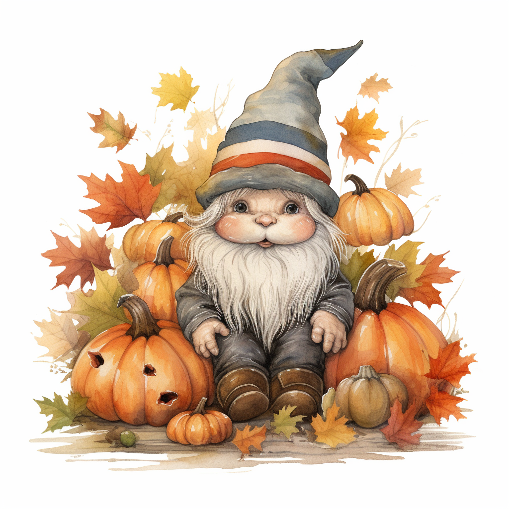 Cute gnome with pumpkins and foliage