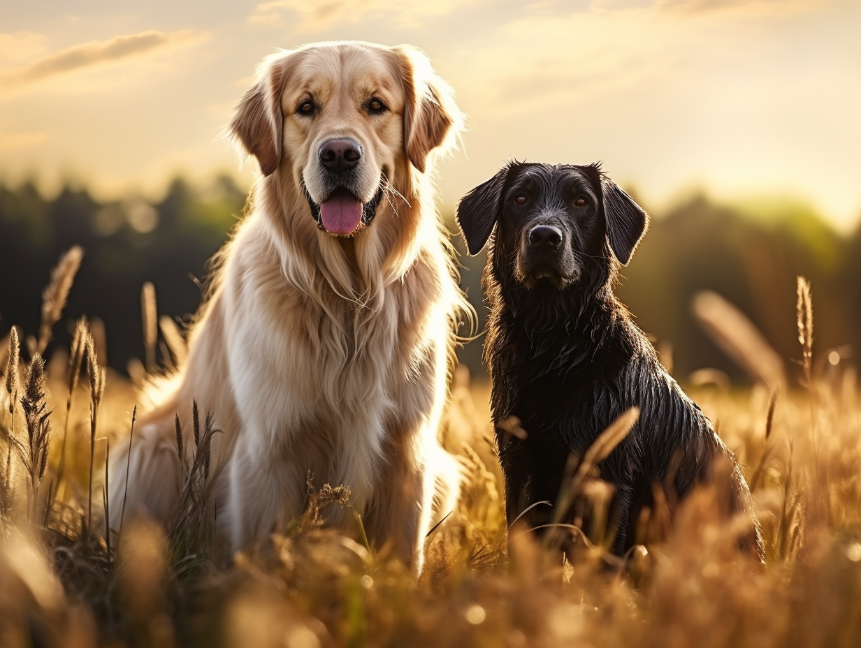 Cute golden retriever and black Fresian horse in grassfield