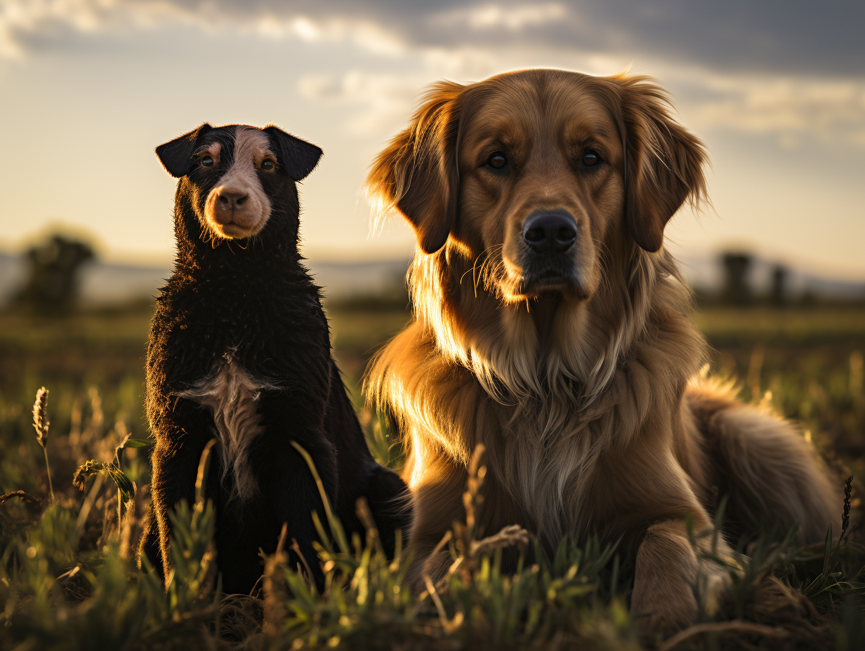 Cute golden retriever and black horse playing together