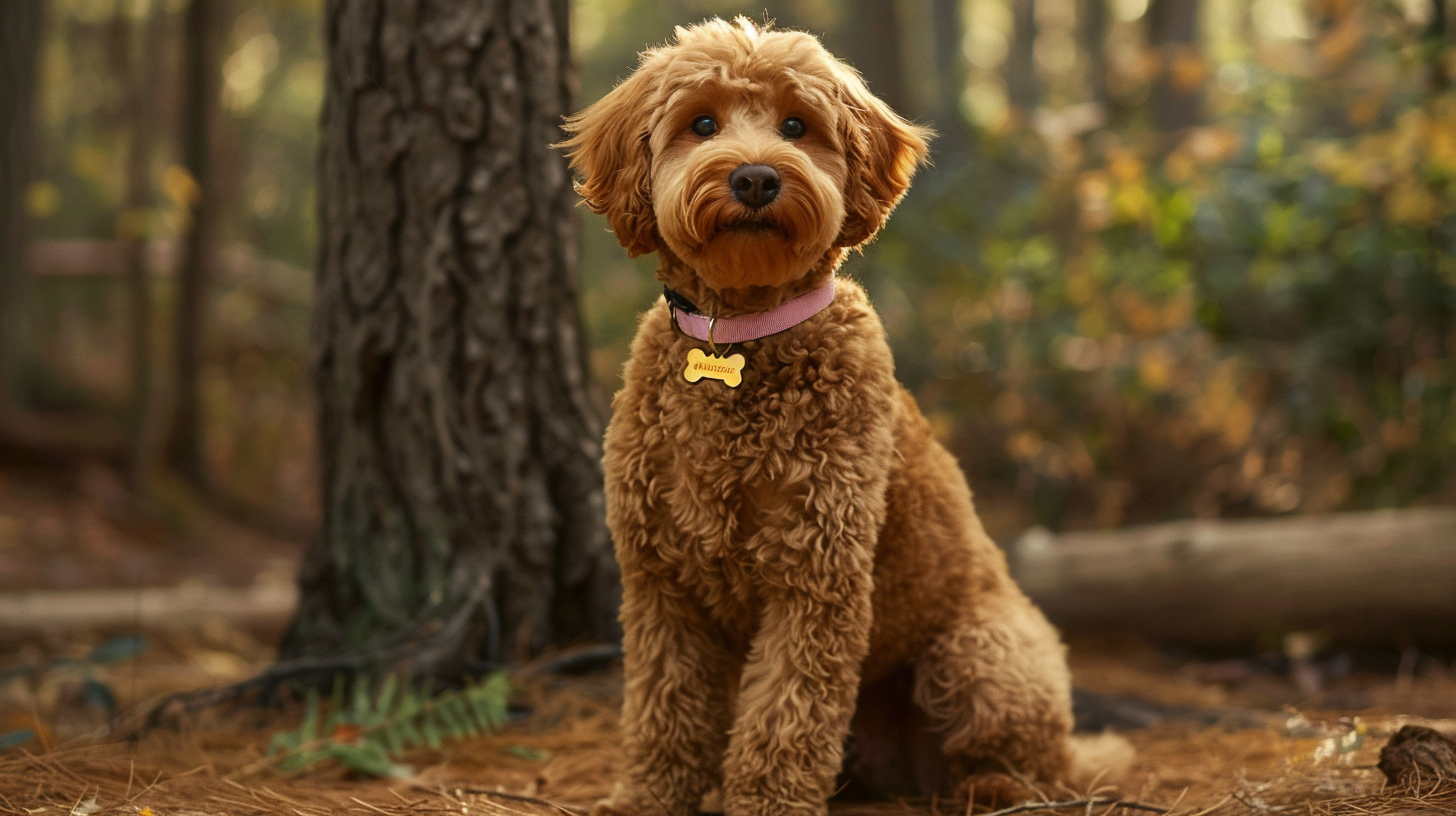 Cute goldendoodle with pink collar