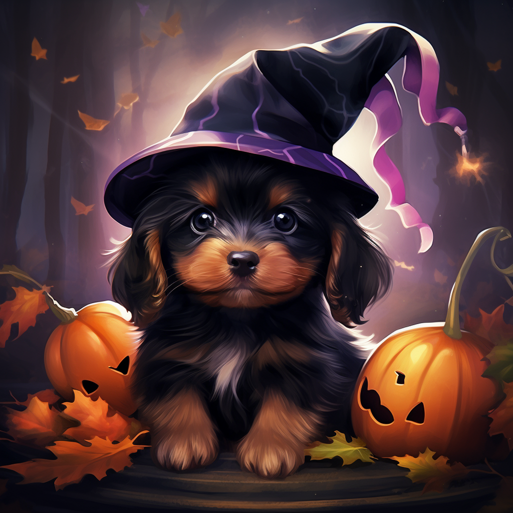 Adorable Halloween puppy in fantasy setting