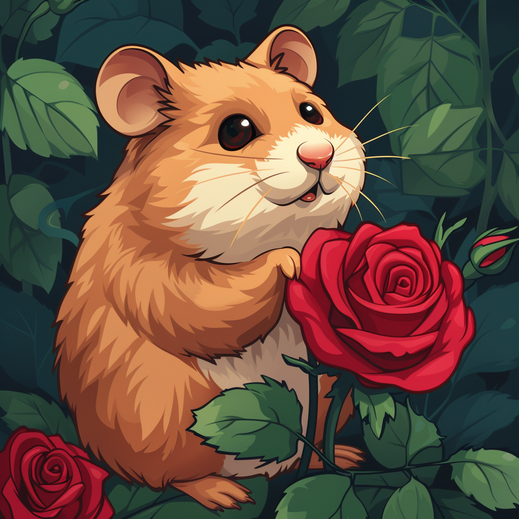 Cute hamster in garden with red rose