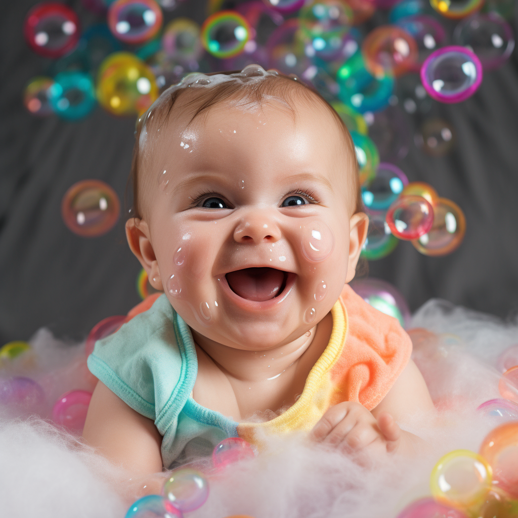 Cute happy baby in colorful bubbles