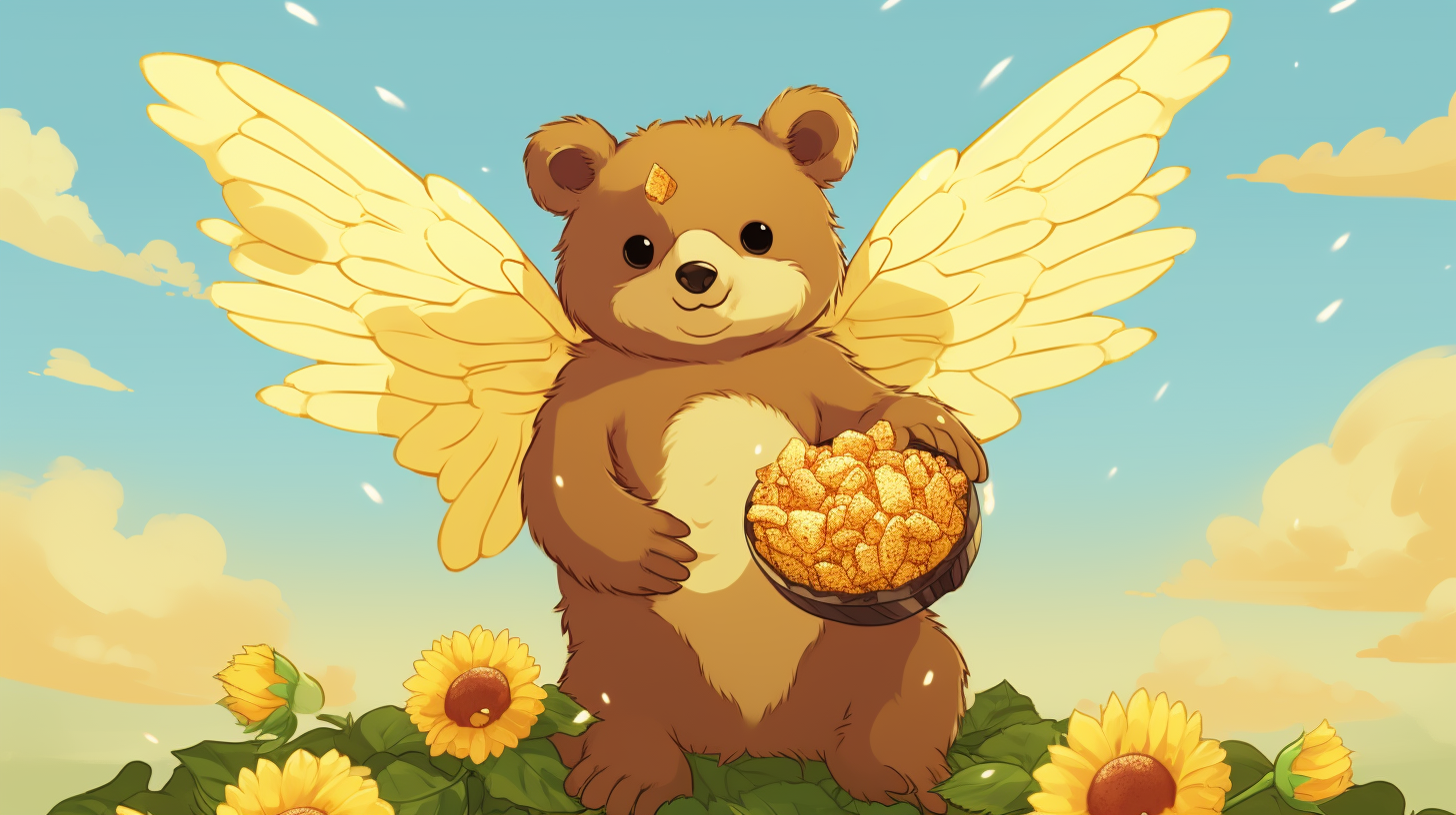 Cute bear with angel wings enjoying pizza