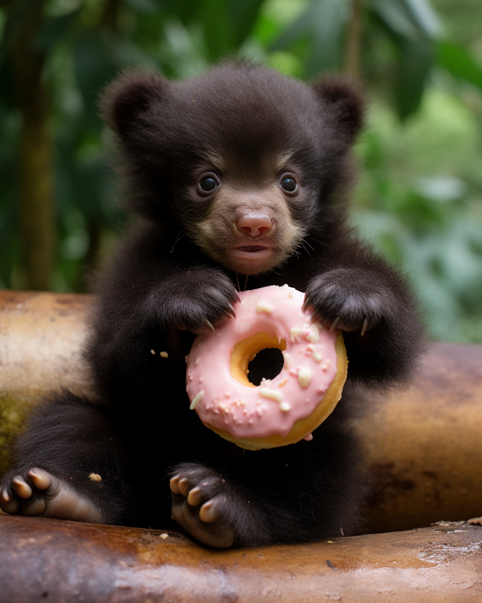 Baby bear enjoying donut balls in Kauai jungle