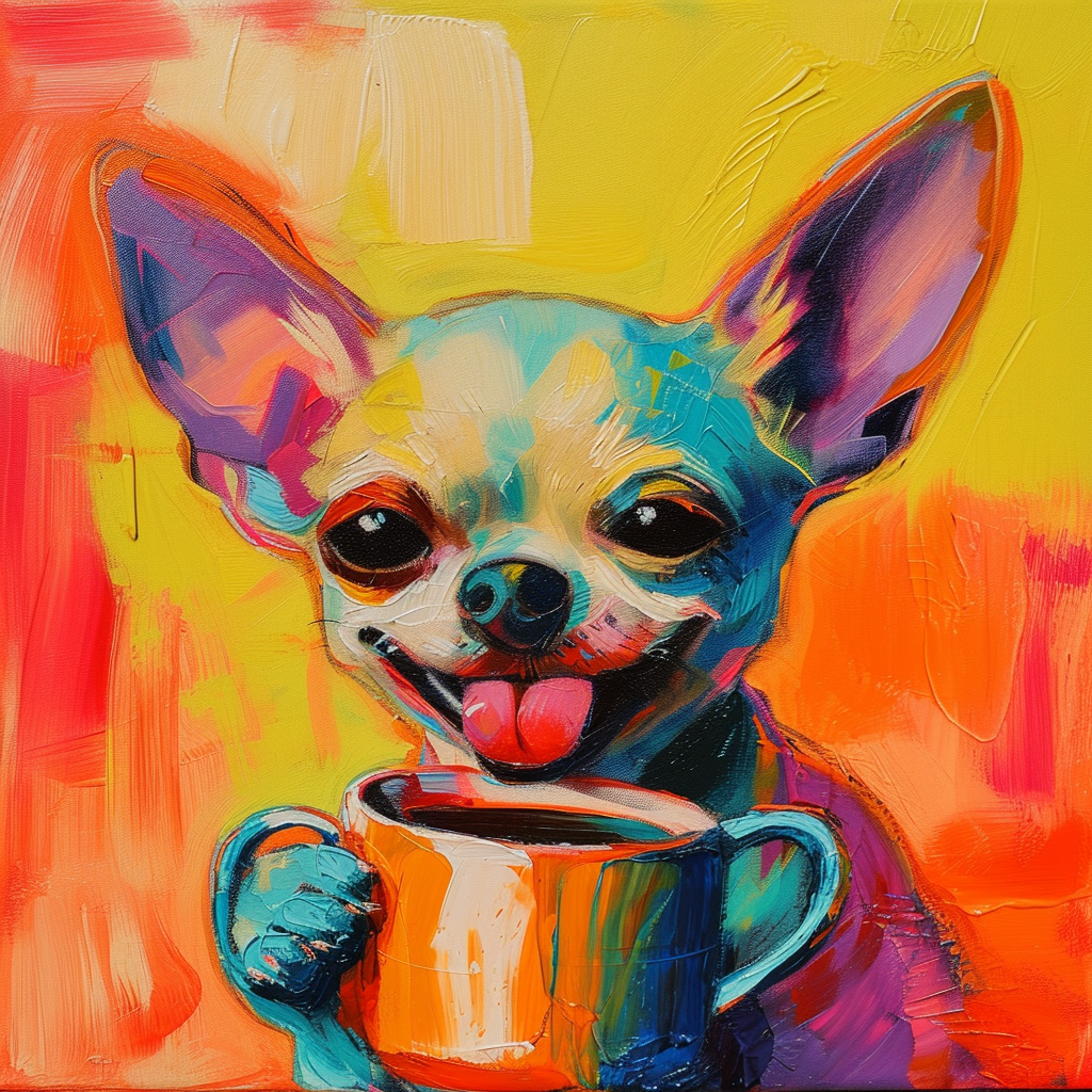 Cute happy chihuahua drinking coffee