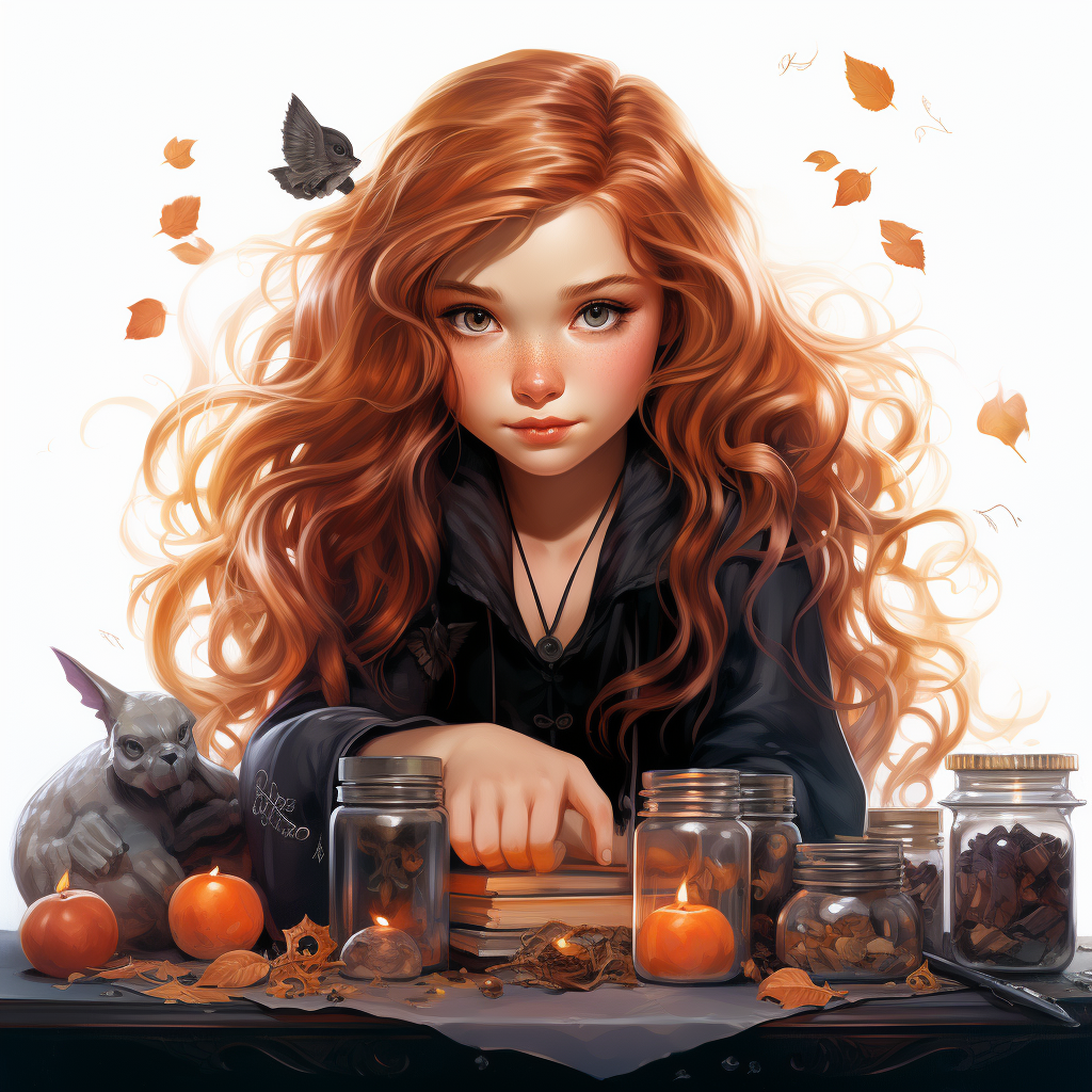 Illustration of a Young Witch Girl Making Spells