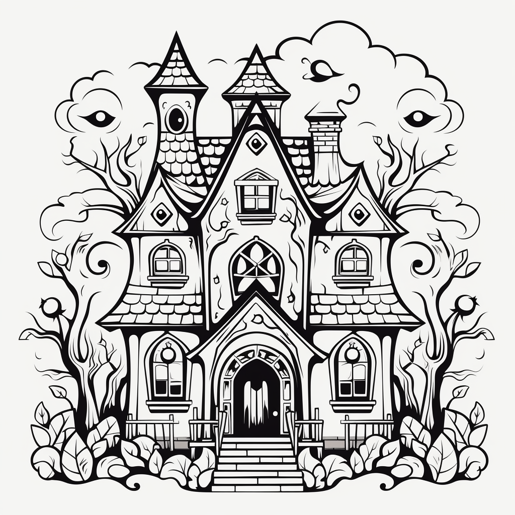 Black and white cute haunted house illustration