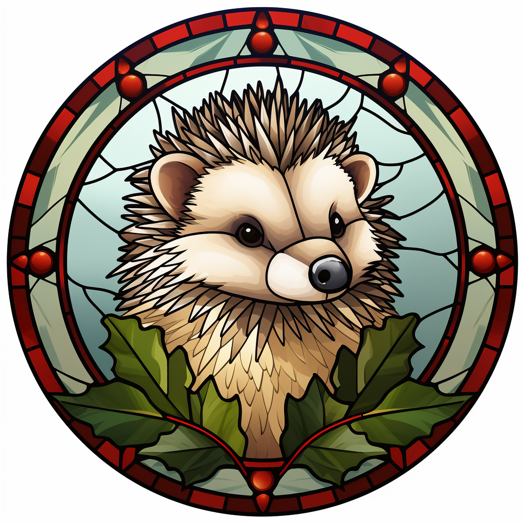 A cute Christmas hedgehog on stained glass