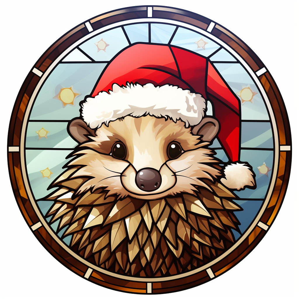 Cute hedgehog wearing Christmas hat in stained glass round design