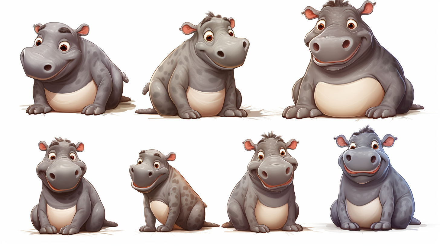 Hippos in Various Poses and Ages