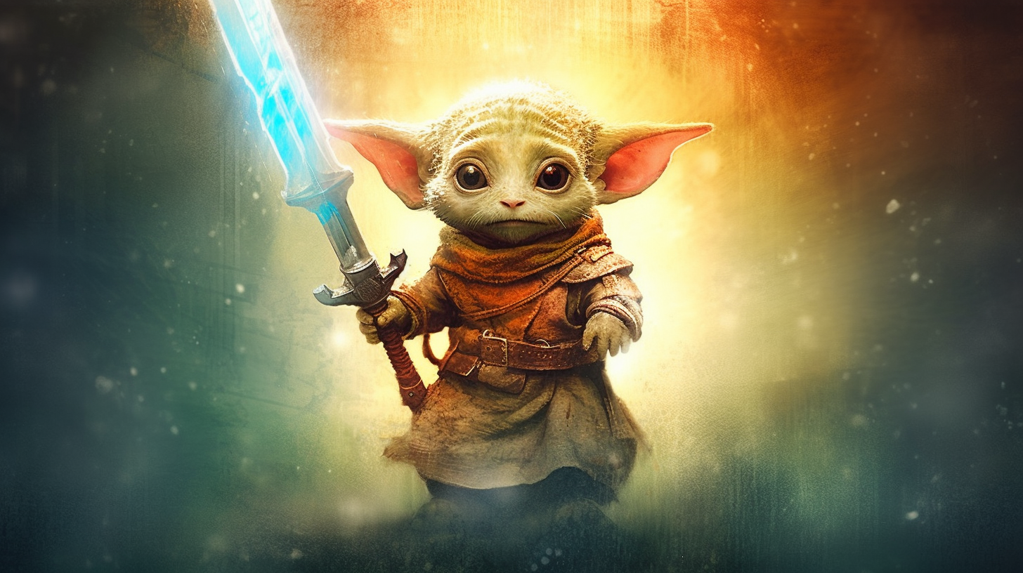 Cute hobbit wielding a light-saber