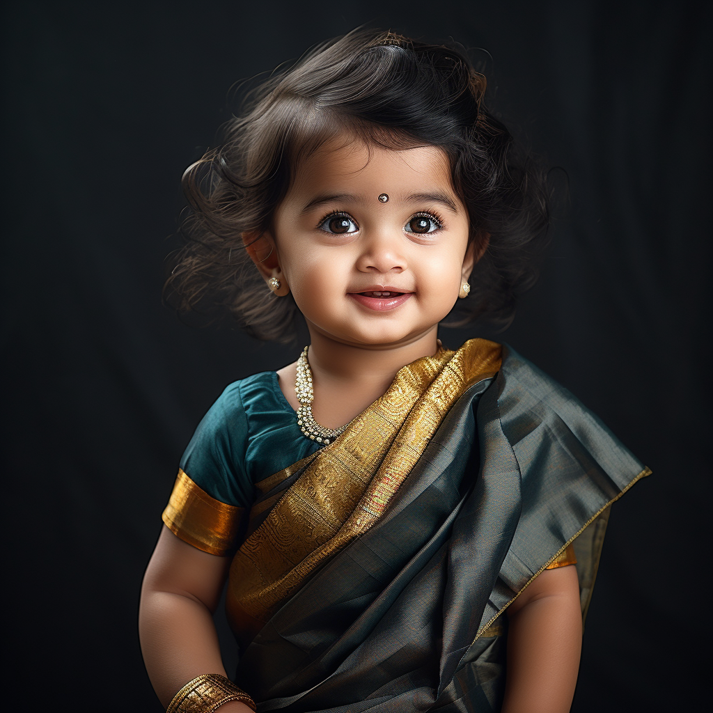 Cute Indian baby attempting to wear a saree