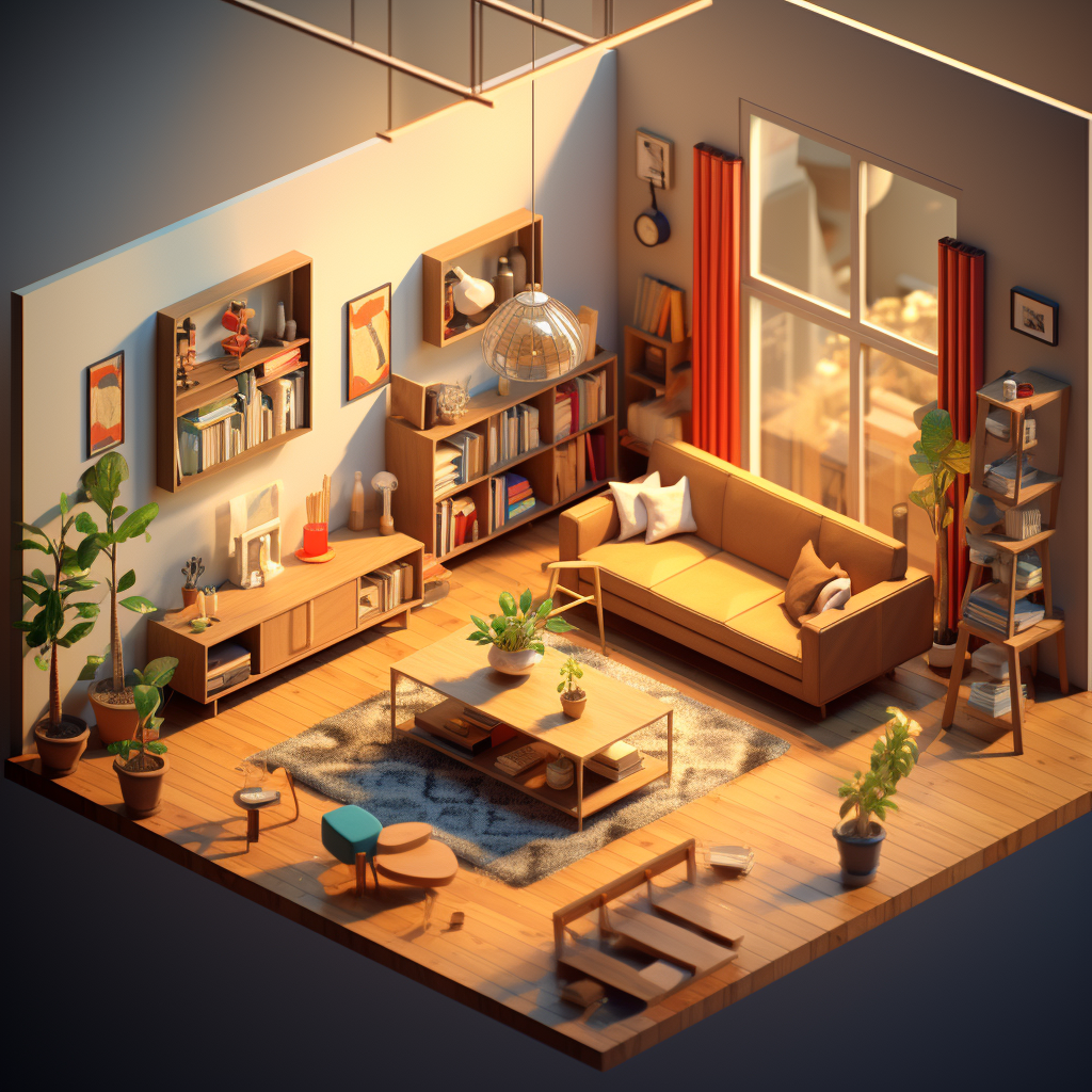 Isometric Basquiat living room scene