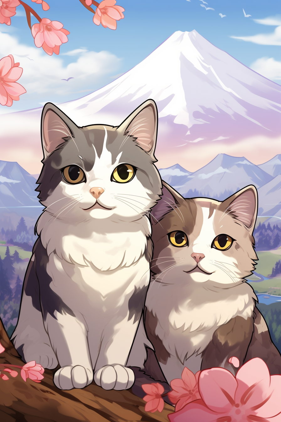 Two adorable Japanese cats in a mountain landscape