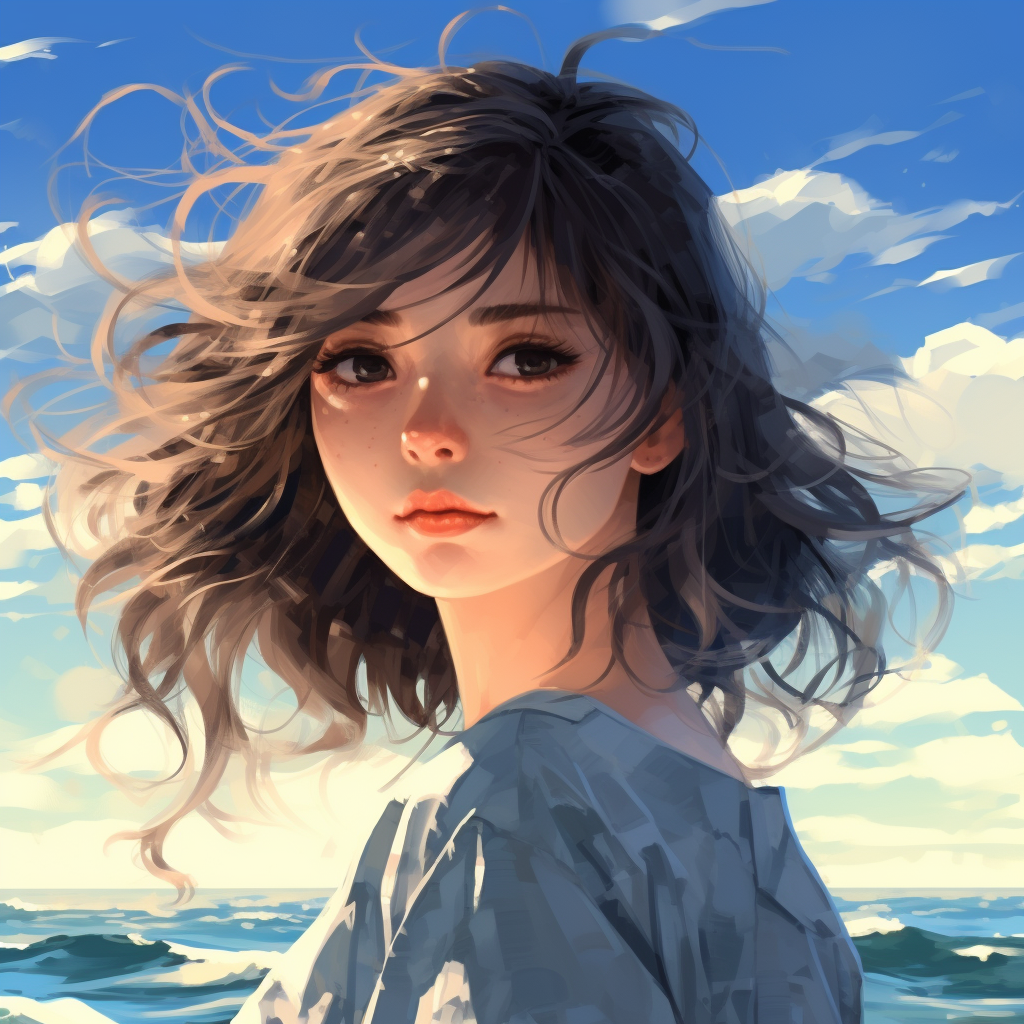 Beautiful Japanese Manga Girl at Sea