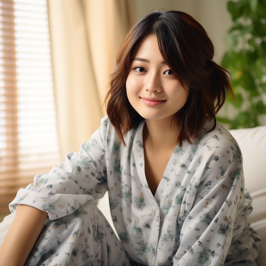 Smiling Japanese woman in adorable pajamas