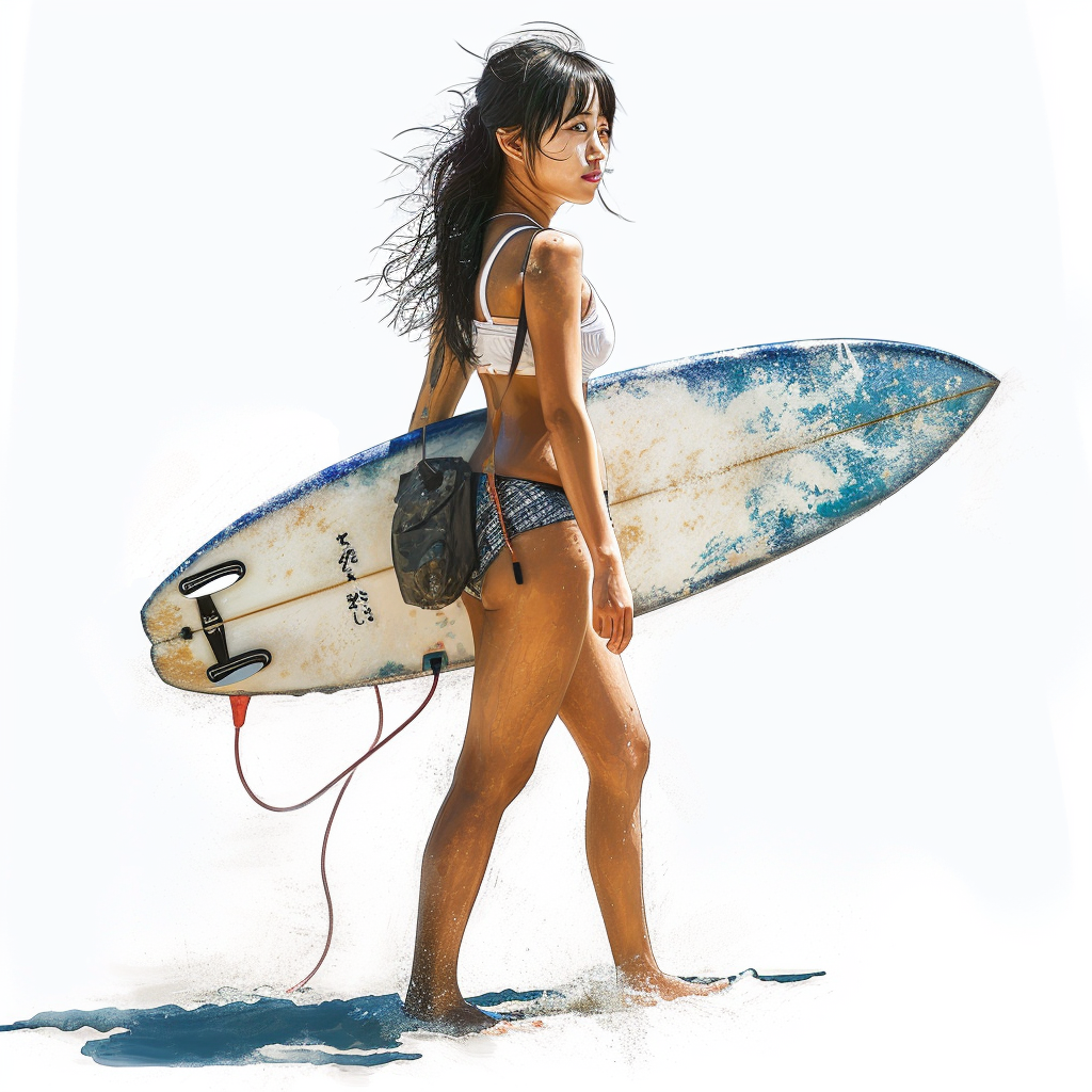 Cute Japanese woman surfing with surfboard