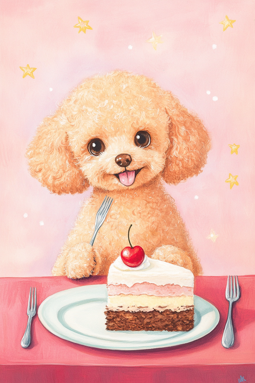 Cute Kawaii Toy Poodle Eating Cake