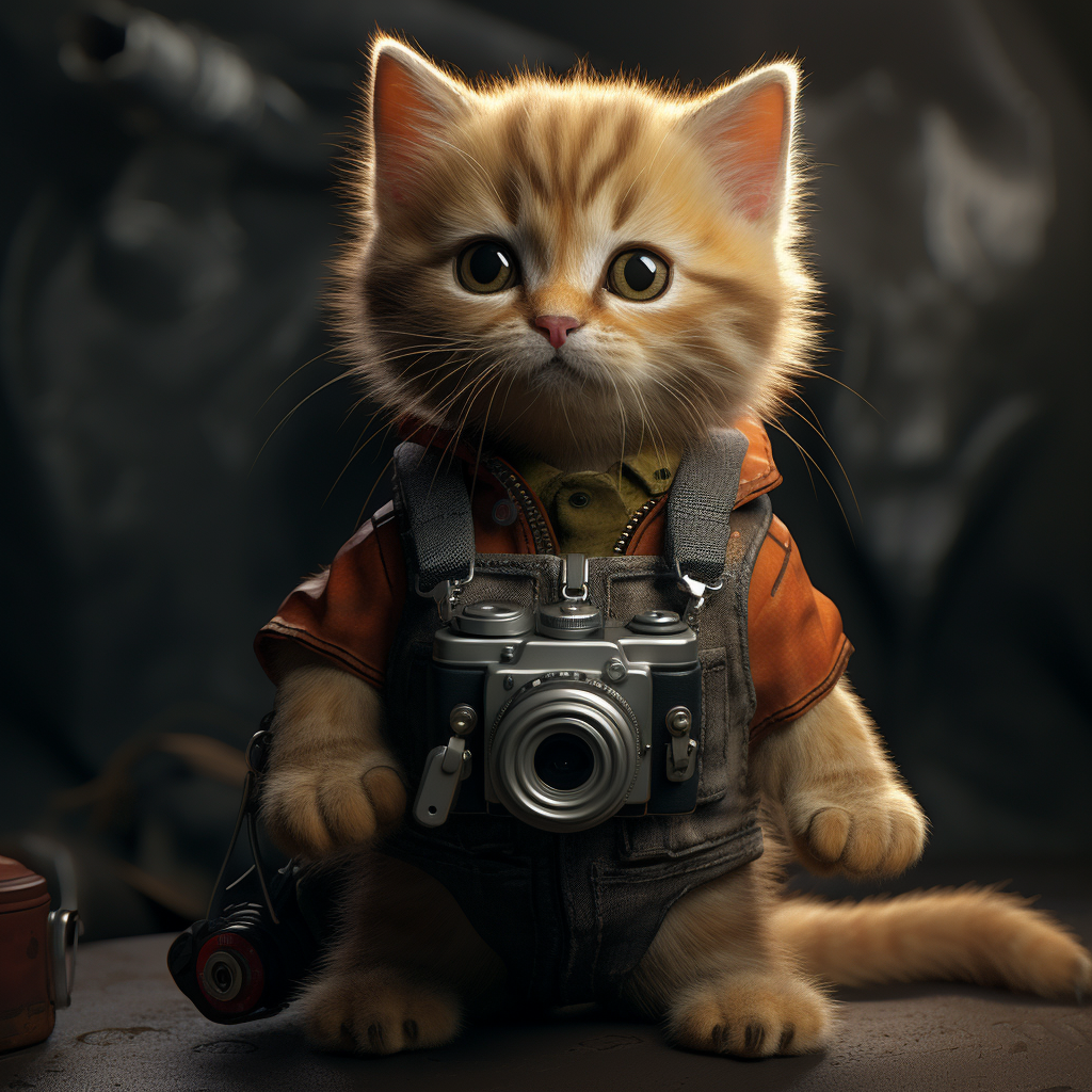 Adorable kitten wearing overalls with DSLR camera