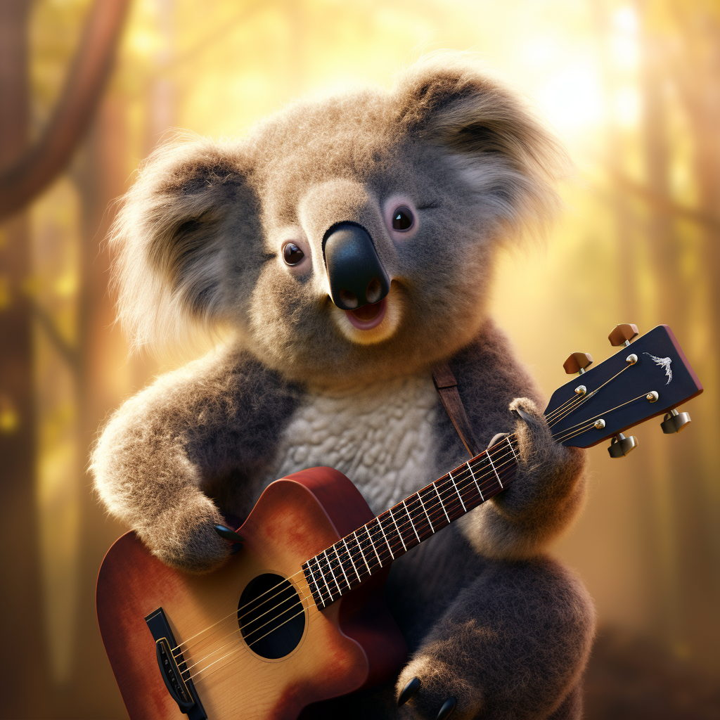 Cute koala playing guitar with long hair