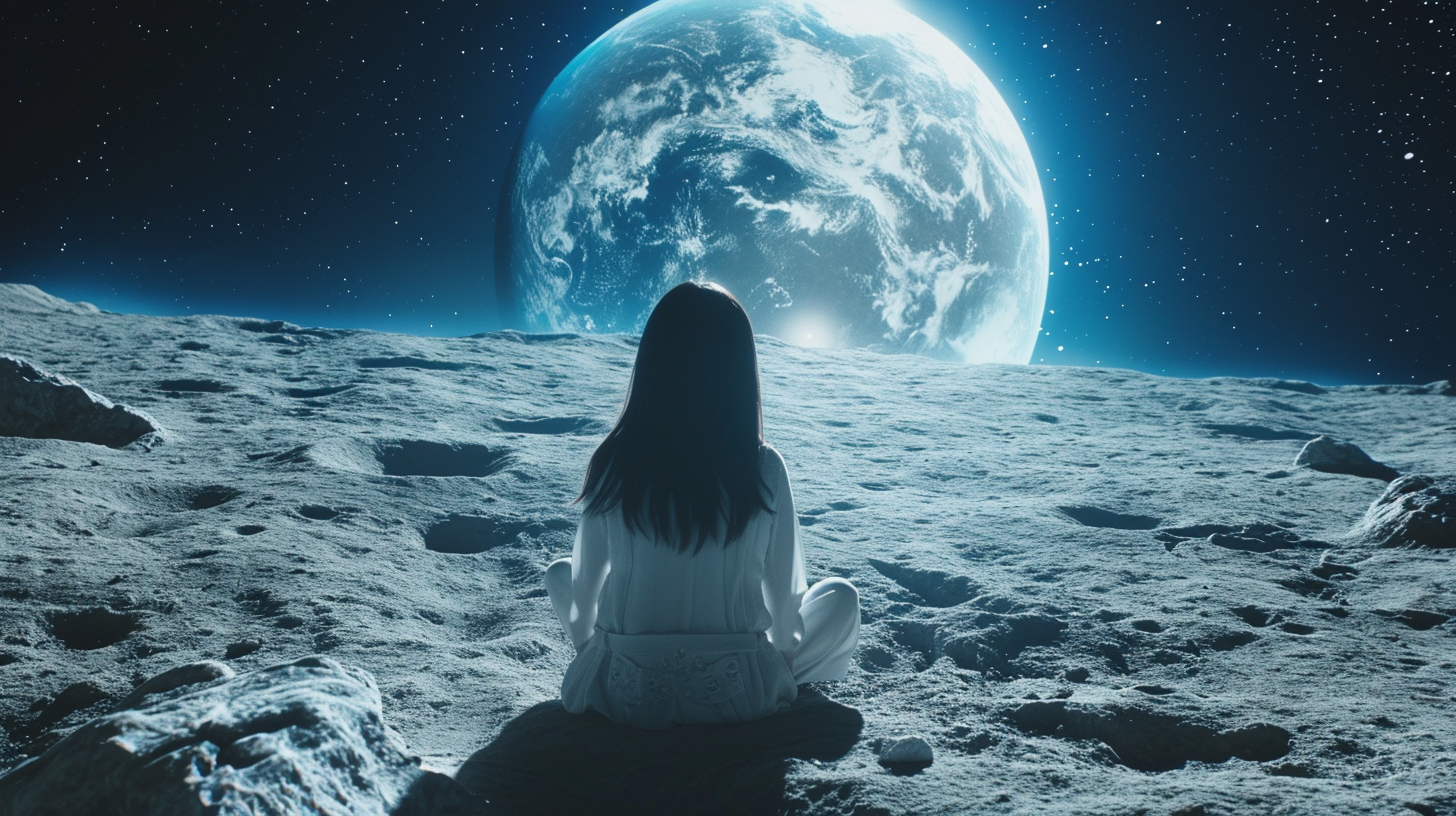 Cute K-Pop girl on the moon with Earth background