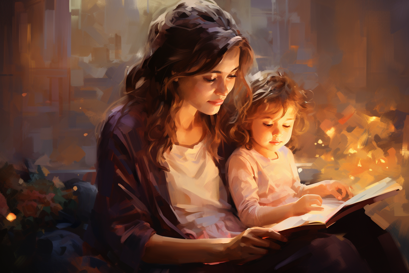 Impressionist Painting of Cute Little Girl and Her Mother Reading Story