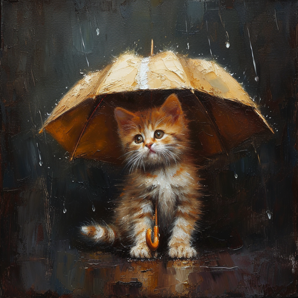 Cute Kitten Under Umbrella Painting