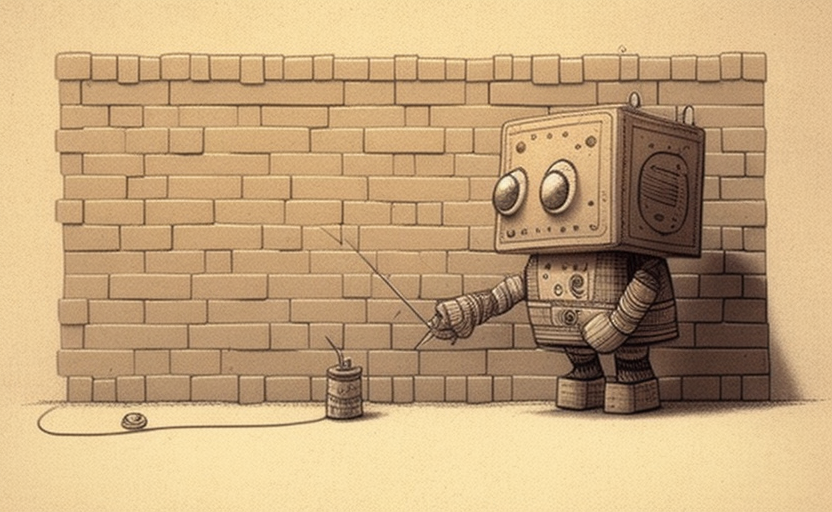 Cute little robot building brick wall