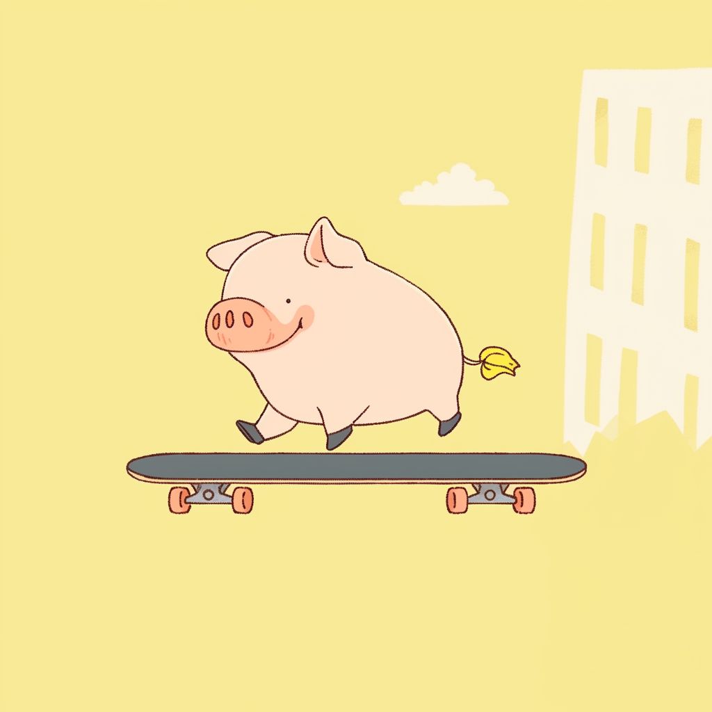 Yellow pig jumping skateboard