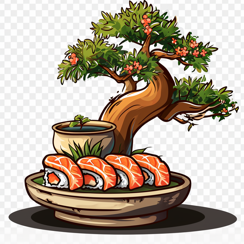 Adorable logo with sushi growing on a bonsai tree