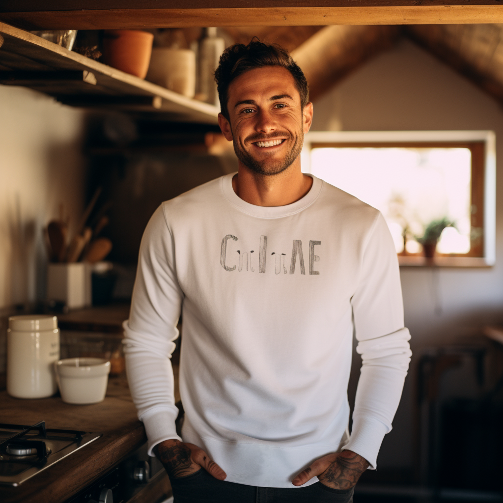 Stylish man in white crewneck sweatshirt