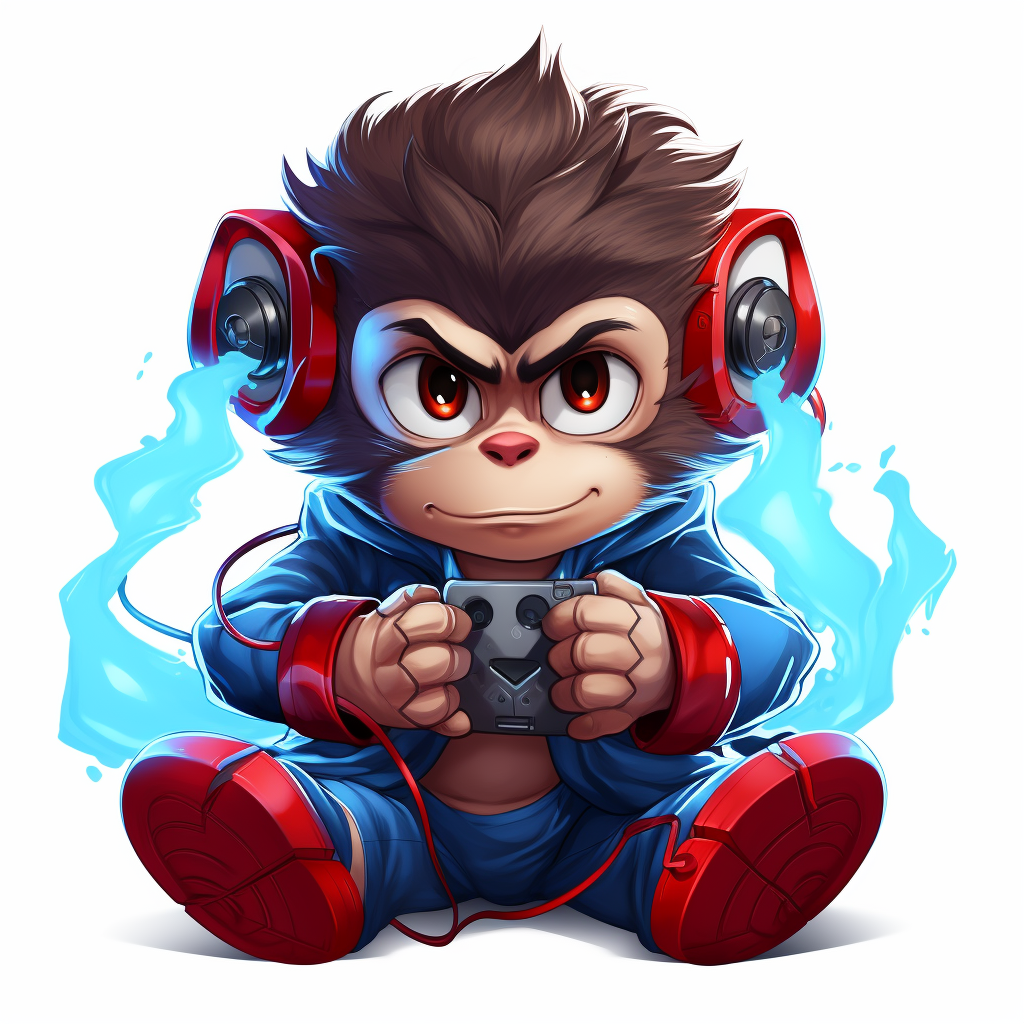 Adorable monkey gamer surrounded by red and blue lightning