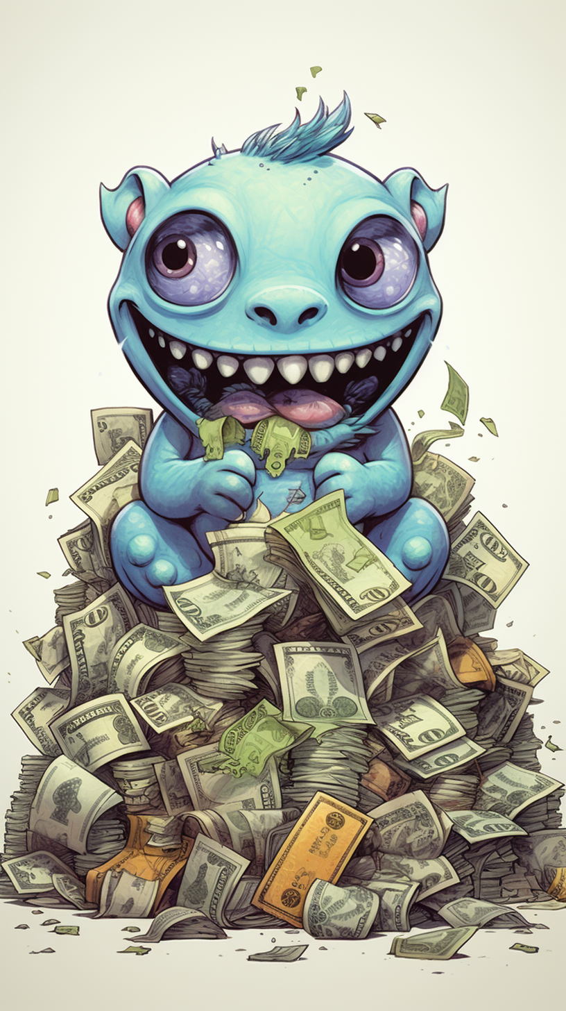 Cute monster eating dollar bills