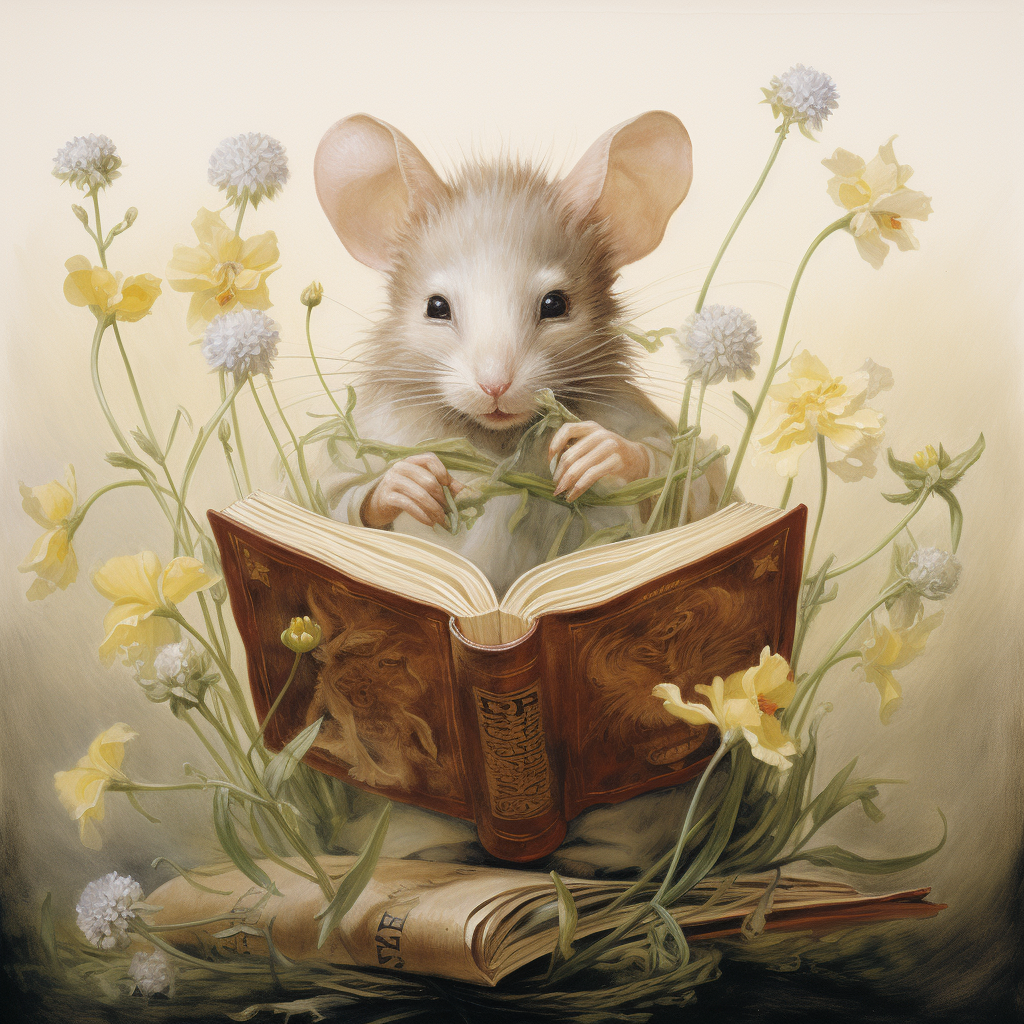 Cute mouse holding a book in spring flowers