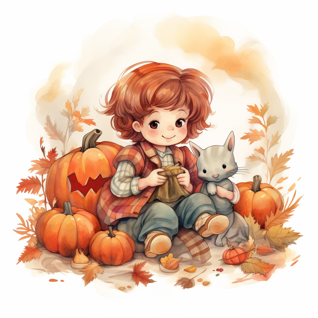 Cute mouse and child playing in pumpkin patch