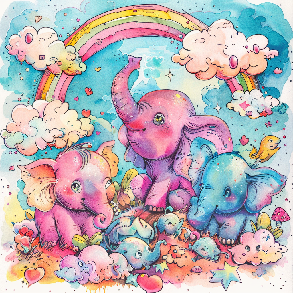 Cute mutant elephants and weasel under rainbow clouds