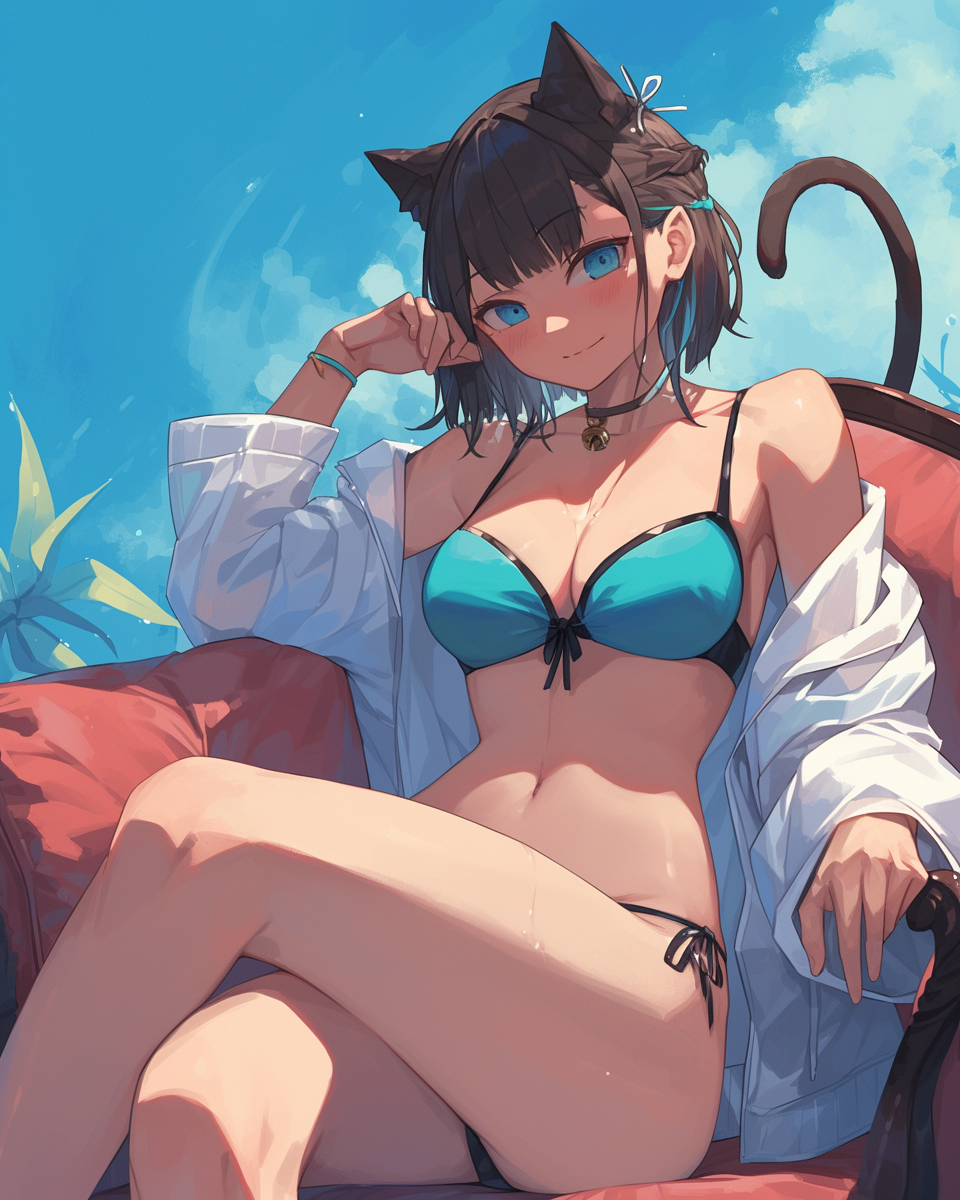 Neko woman in beach clothes