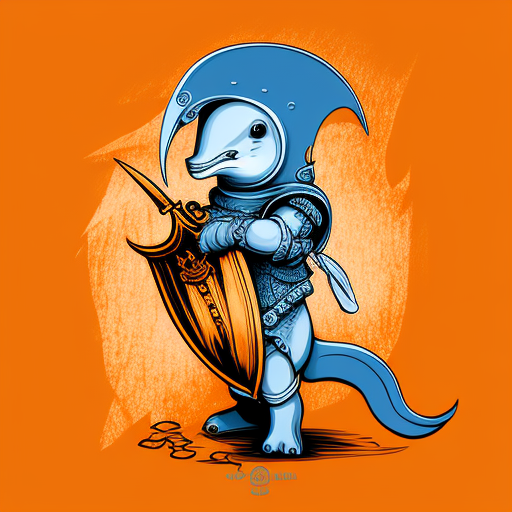 Cute orange baby dolphin in armor with sword